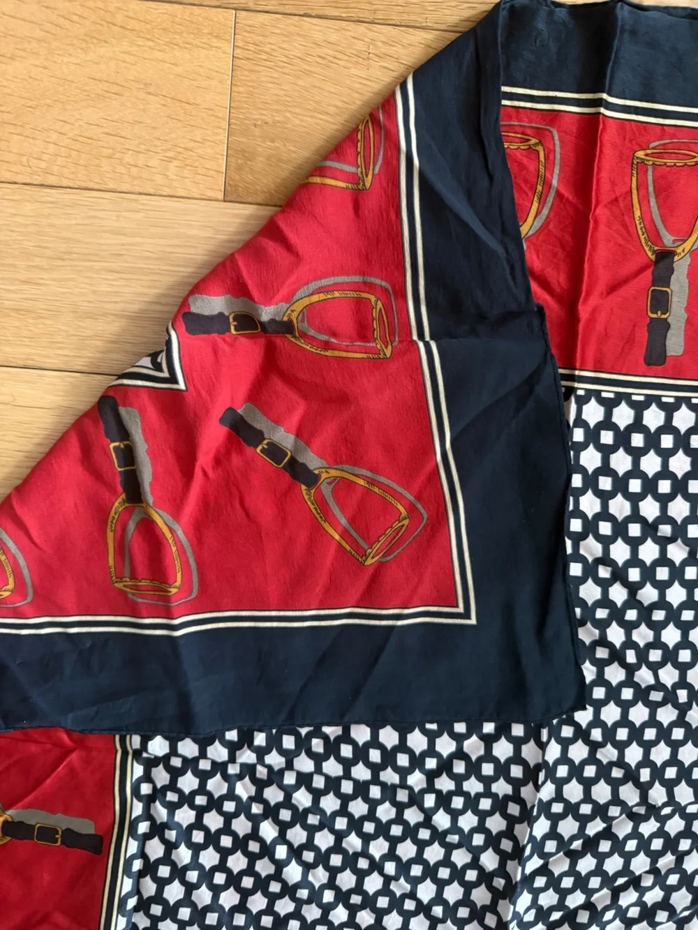 Echo Equestrian Stirrup Print Silk Scarf Red Navy 33x33 Vintage